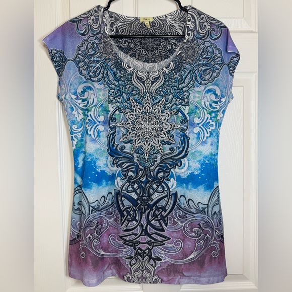 Reba Boho Mandala Print Embellished‎ Top M Made in USA 100% Polyester - Picture 1 of 8